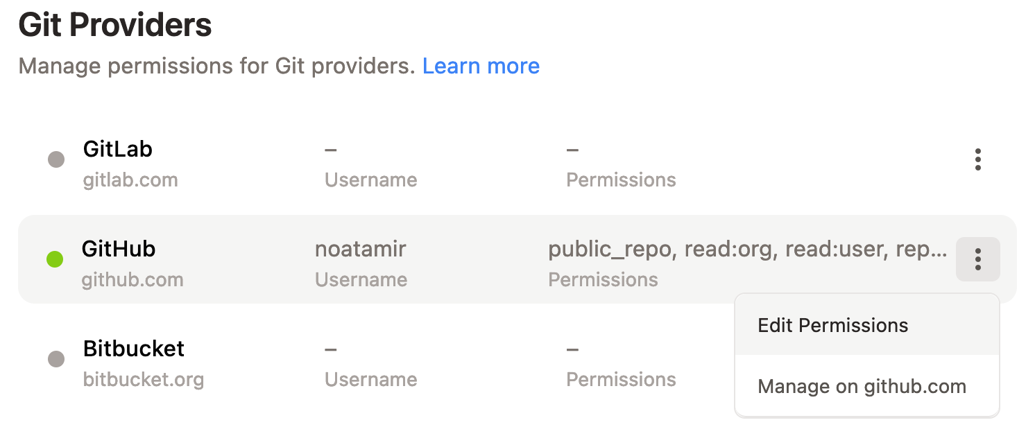 Gitpod integrations - edit GH permissions screenshot