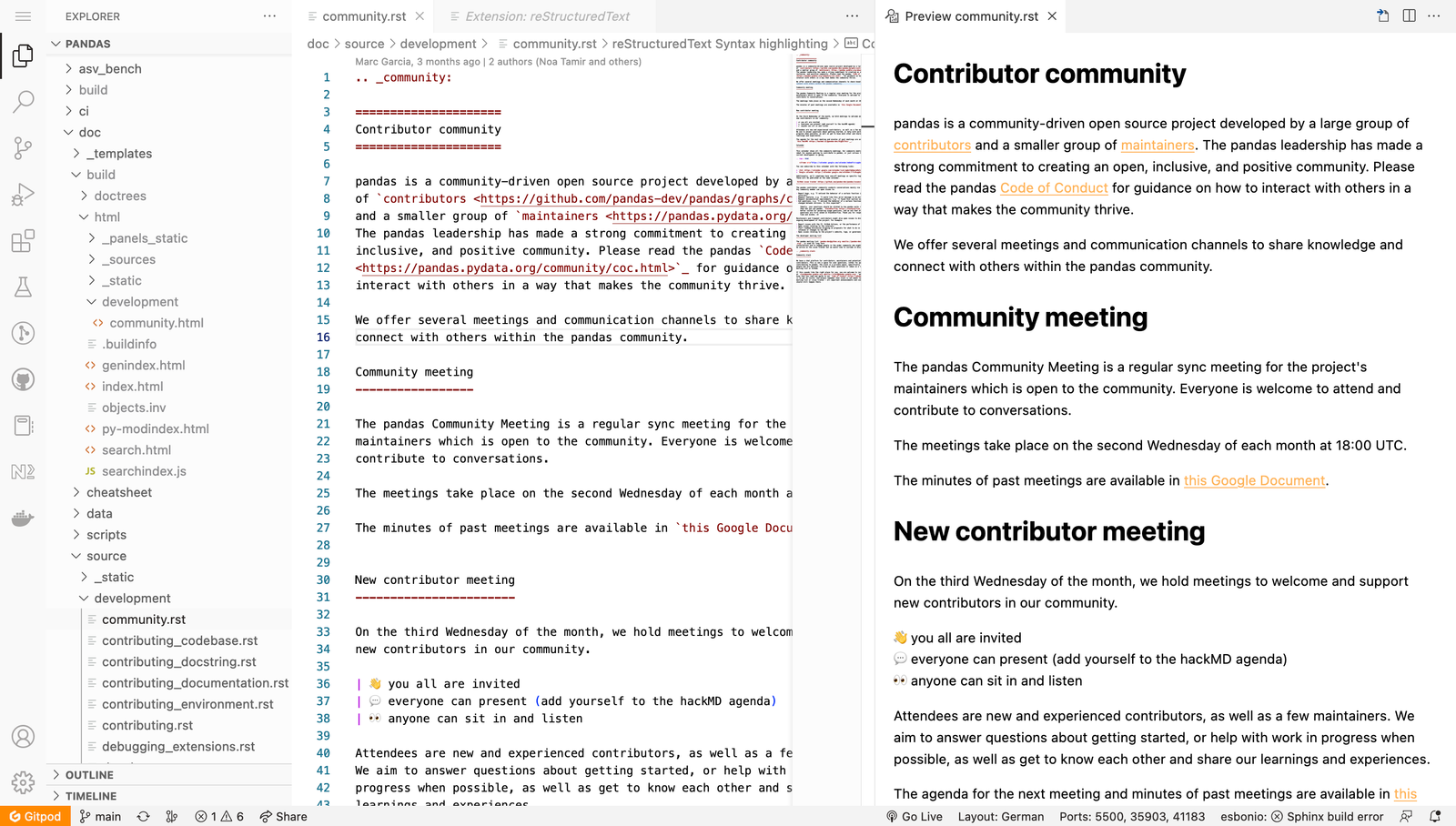 Gitpod workspace VSCode rst rendering screenshot